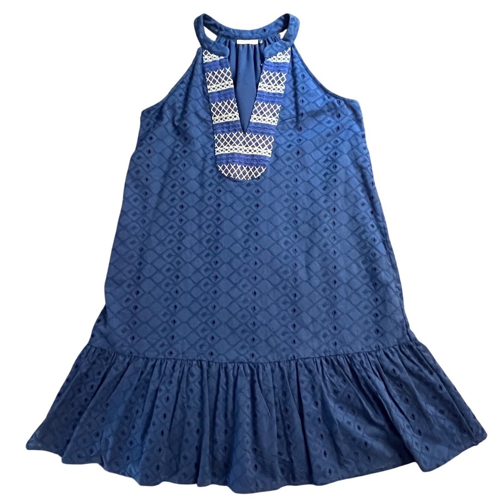 CABANA LIFE Blue Mini Halter Dress UPF 50 Eyelet Embroidery Tiered Ruffle SMALL‎